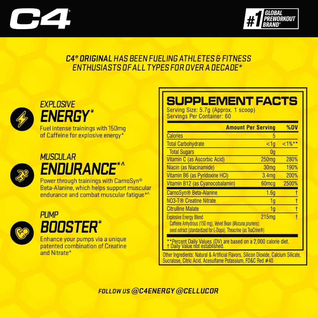 C4 Original Pre Workout Powder Strawberry Margarita, 150mg Caffeine + Beta Alanine + Creatine - 60 Servings
