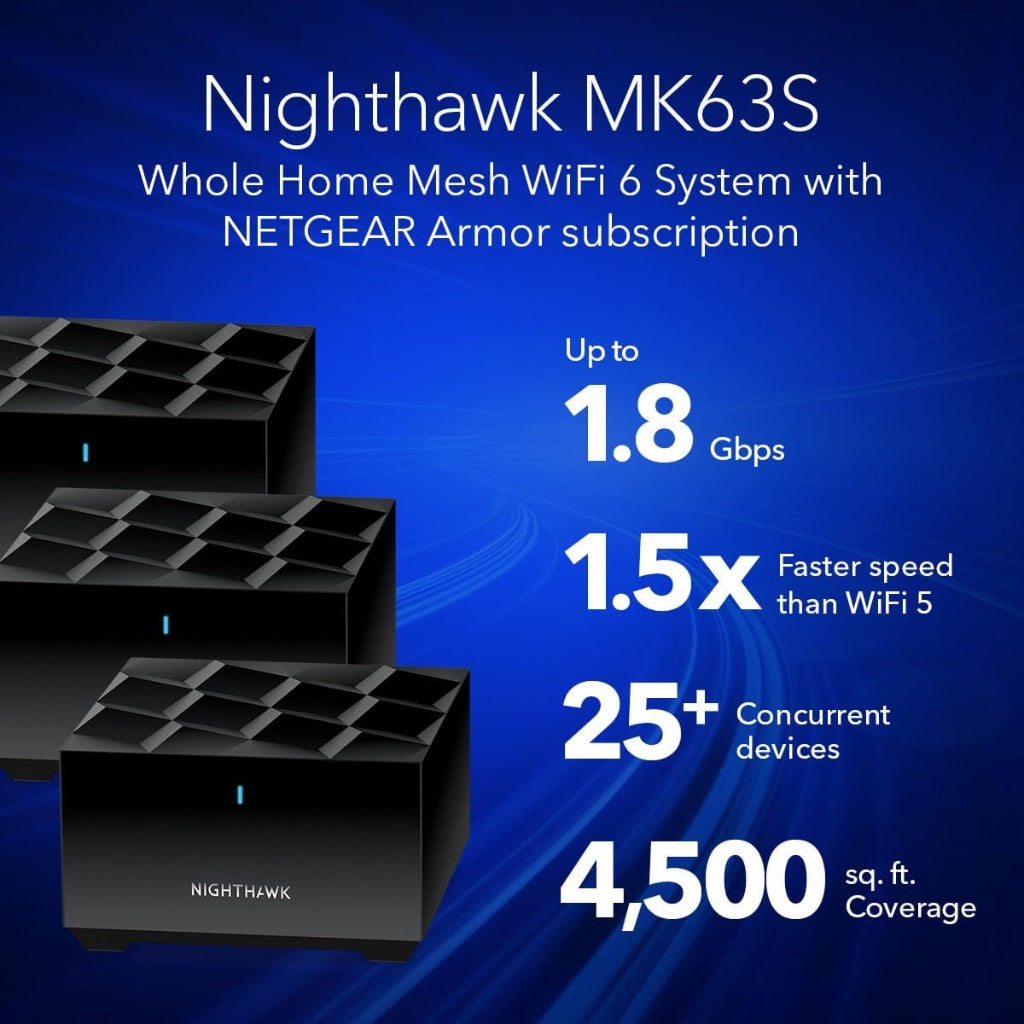 NETGEAR Nighthawk Advanced Whole Home Mesh WiFi 6 System (MK63S) with Free Armor Security – AX1800 Router with 2 Satellite Extenders, Coverage up to 4,500 sq. ft. and 25+ Devices