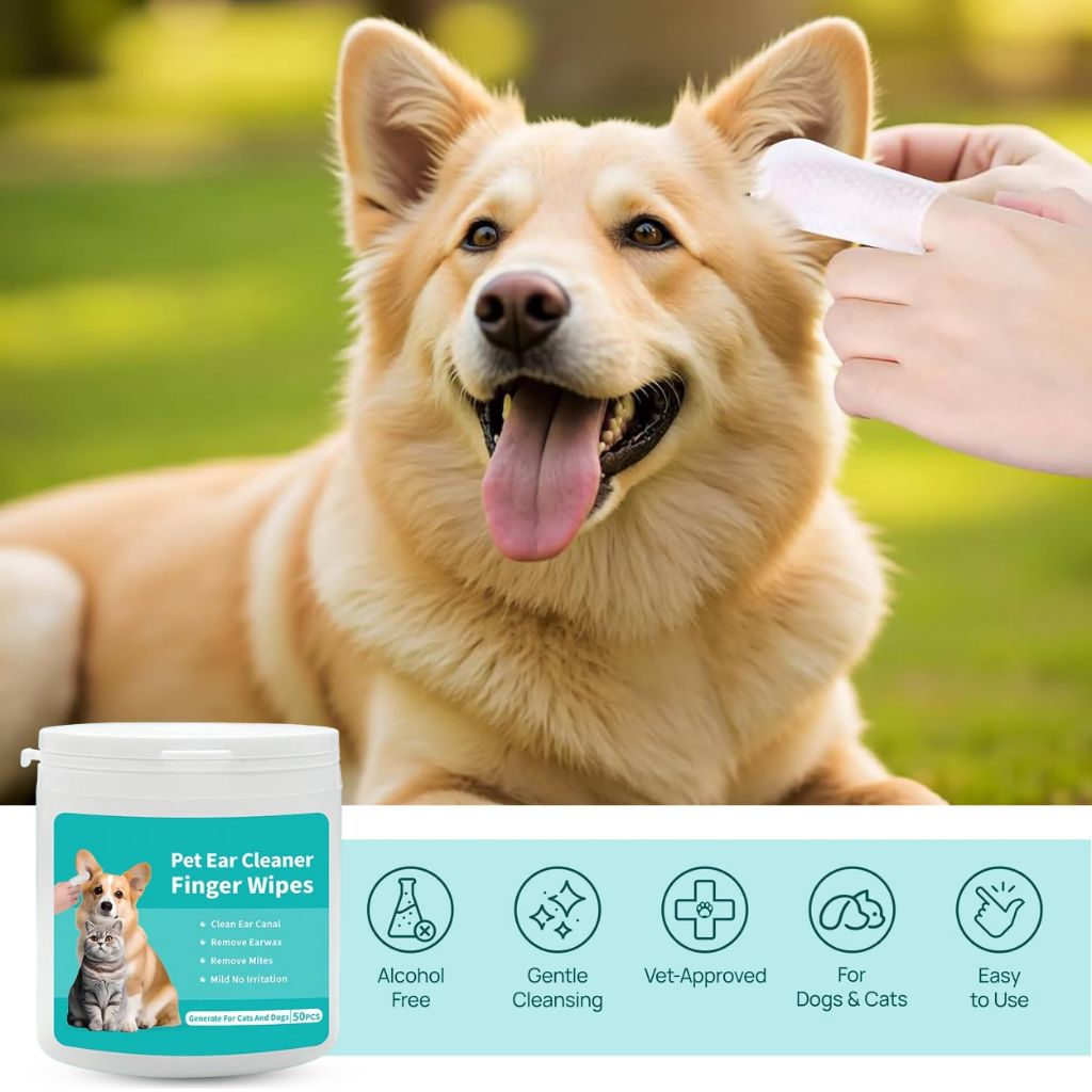 FupetDay Ear Wipes for Dogs & Cats - Comfortable Finger Design, Gentle Ear Wax, Debris, and Dirt Cleaning | 50-Count Pack