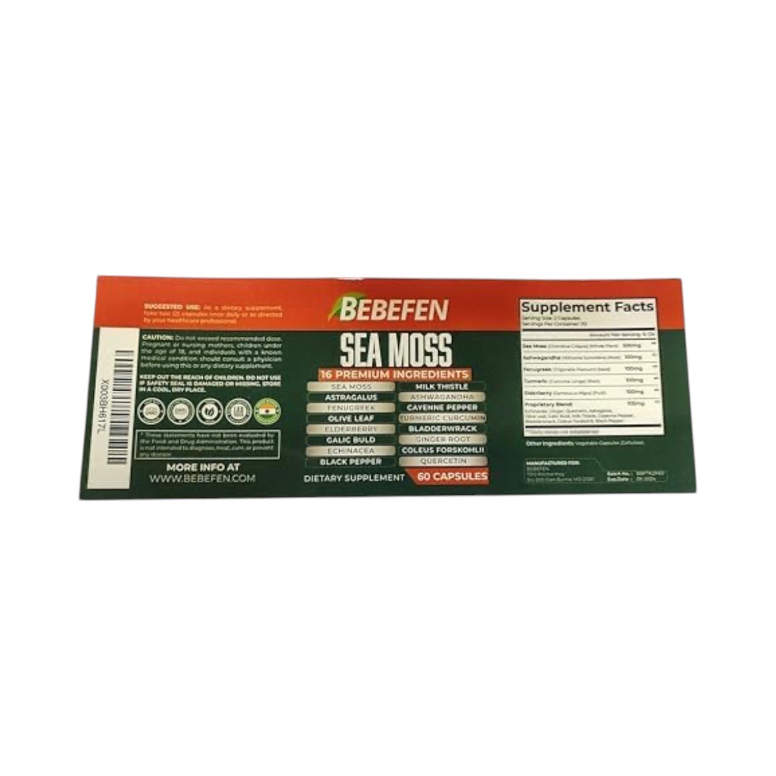 BEBEFEN (2 Packs) Sea Moss Capsules with Ashwagandha, Fenugreek, Bladderwrack and More - Body Management
