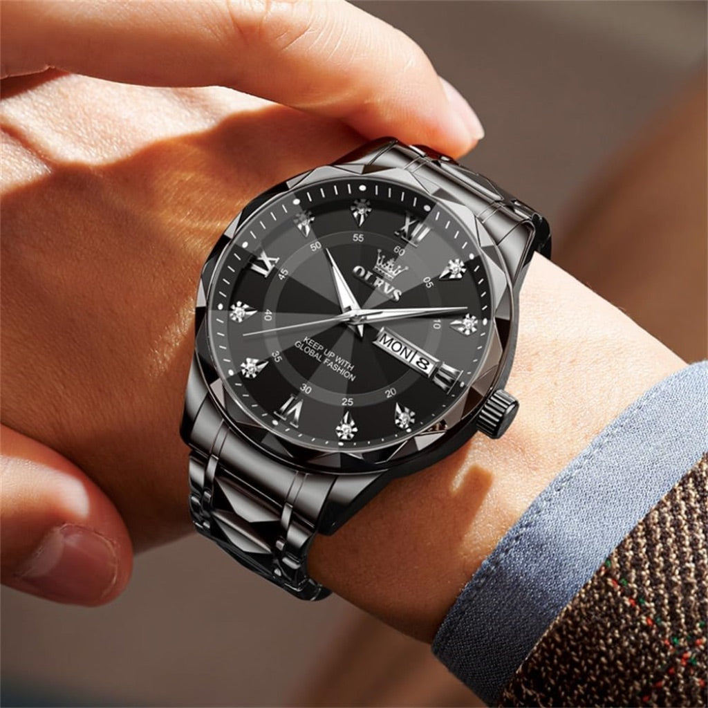 OLEVS Men's Luxury Chronograph 41mm Dress Watch - Black Stainless Steel Band, Black Dial with Gold Numerals