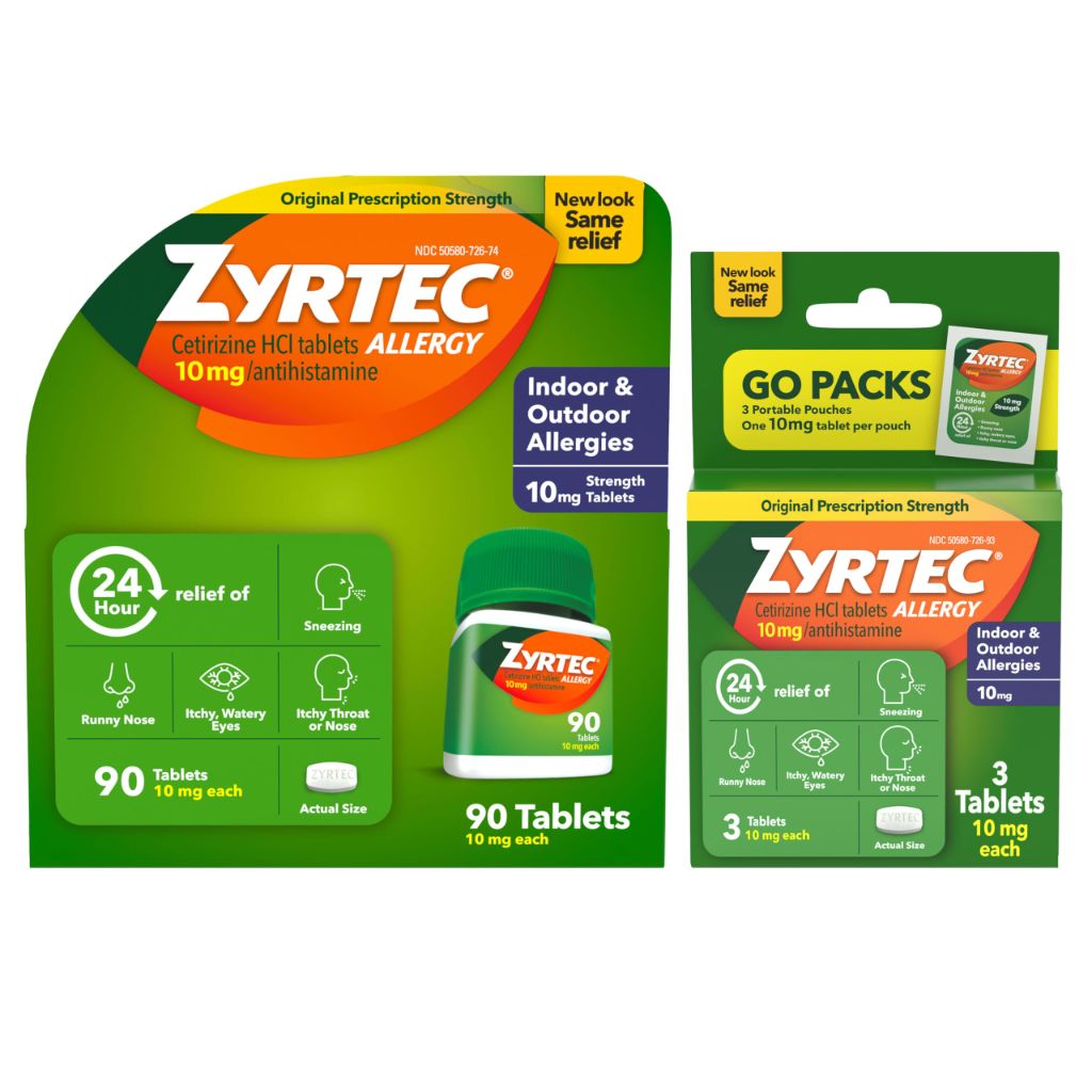 Zyrtec 24 Hour Allergy Relief Tablets, Cetirizine HCl 10mg - 90ct. Plus 3x1ct. Packs
