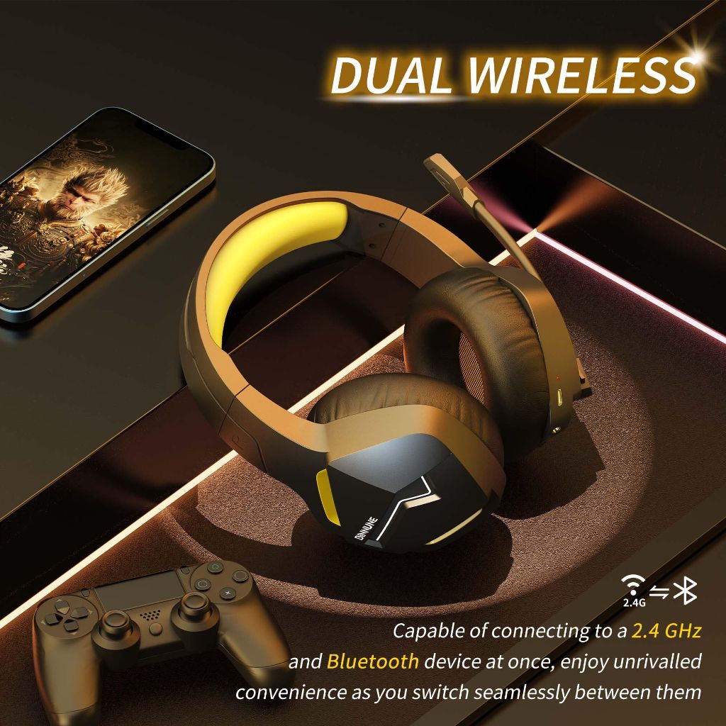 BINNUNE 2.4GHz Wireless Gaming Headset, Bluetooth 5.3 Gaming Headphones with Noise Canceling Mic, 120H Ultra-Long Battery, 50mm Drivers, Multi-Platform for PC / PS5 /PS4/ Switch/Mobile, Yellow
