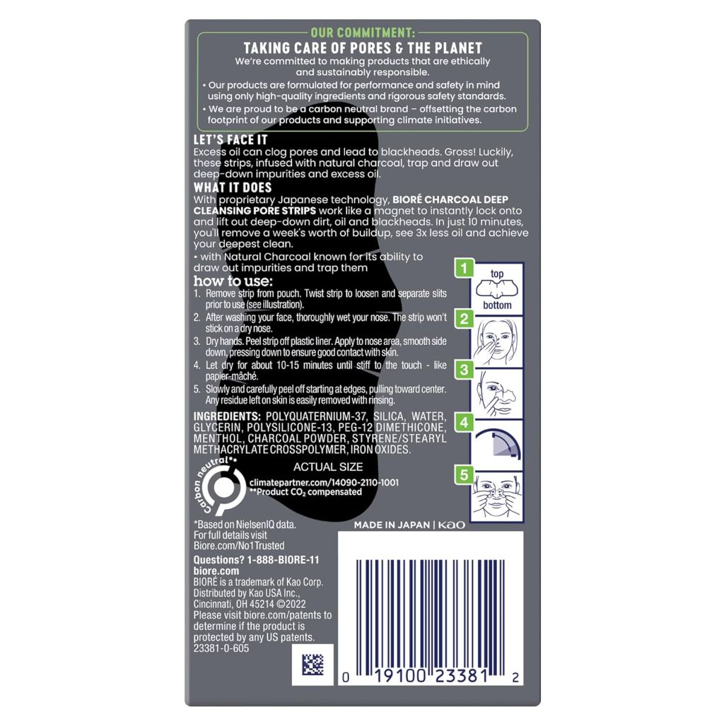 Biore Oil Control Charcoal Deep Cleansing Pore Strips, Blackhead Remover Pore Nose Strips - 18ct