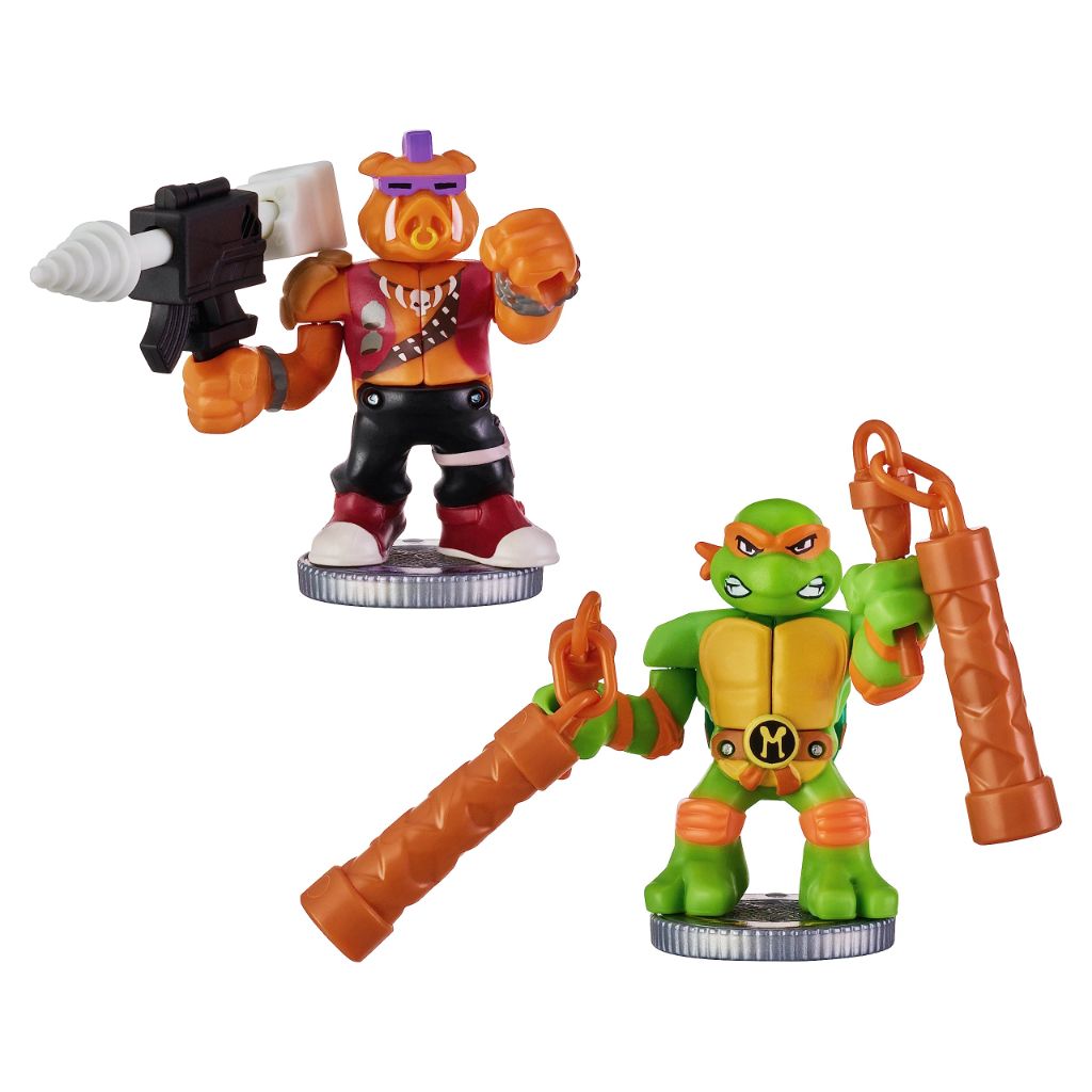 Legends of Akedo Teenage Mutant Ninja Turtles. Mini Battling Warriors Versus Pack Michelangelo Vs Bebop With 2 Figures, 1 Instruction Manual, 2 Trigger Controllers