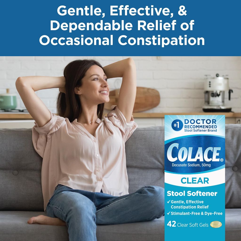 Colace Clear Stool Softener for Gentle Effective Constipation Relief, 50 mg Docusate Capsules, 42 Count