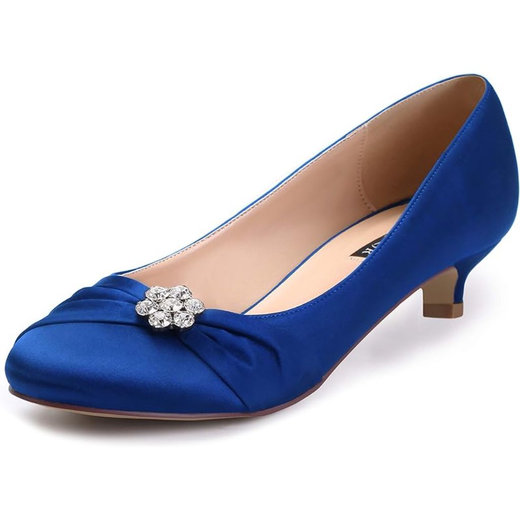 ERIJUNOR Women's Closed Toe Comfort Kitten Heels - Satin Blue w/Rhinestones, Size 9.5