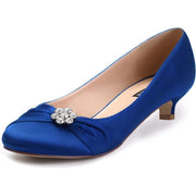 ERIJUNOR Women's Closed Toe Comfort Kitten Heels - Satin Blue w/Rhinestones, Size 9.5