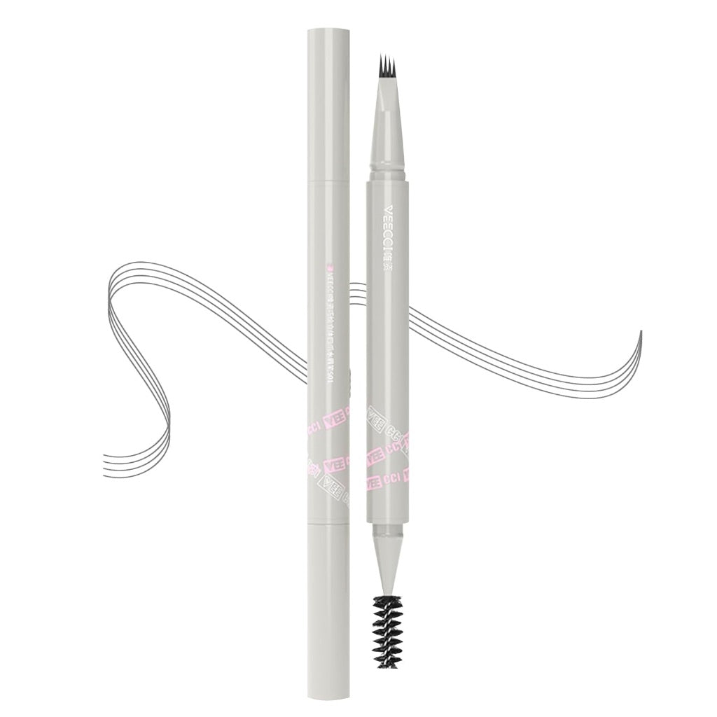 Liquid Eyebrow Pencil, Long-lasting Waterproof Fork Tip Grey Brow Pen with Brow Brush, Double Ended - Smudgeproof and Tattoo Microblading Effect