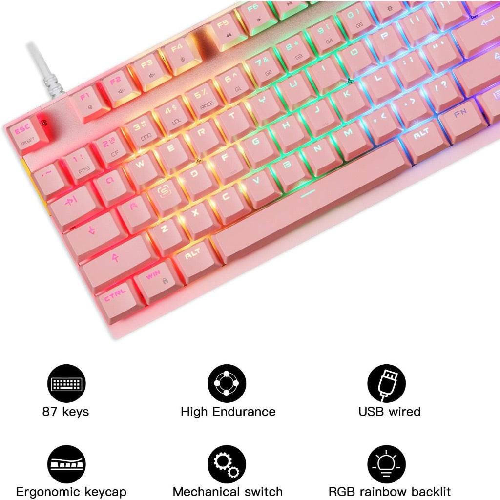 MOTOSPEED Professional Gaming Mechanical Keyboard RGB Led Backlit Wired with Anti-Dust Proof Switches for Gaming Keyboard for Mac & PC (Pink, 87 Key Red Switches)
