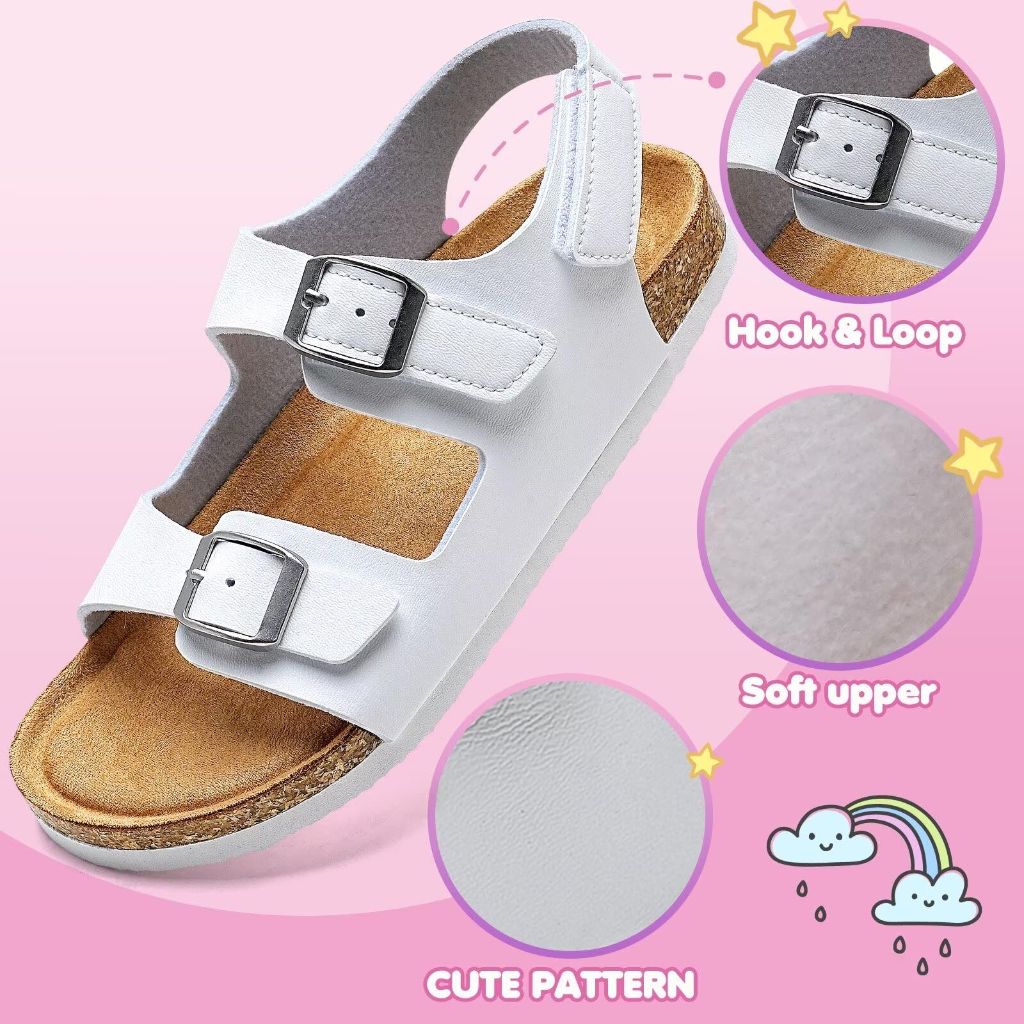 Torotto Toddler Kids Sandals - Size 5, White, Adjustable Buckle Cork Footbed Sandals