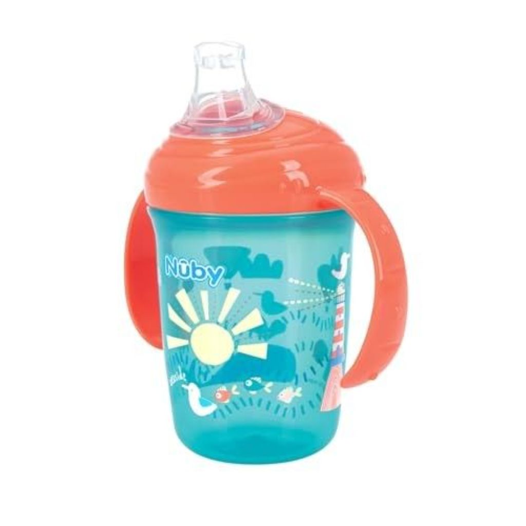 Nuby No-Spill Two Handle Spout Cup with Hygienic Cover | 2 Pack:  Aqua Ocean & Pink Animals | 8oz/ 4months+