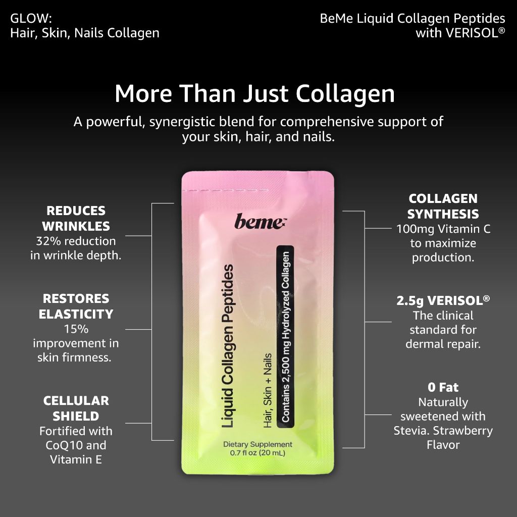BeMe Liquid Collagen for Women — 2,500mg Hydrolyzed Bovine VERISOL Collagen Peptides Drink — Strawberry, 30 Sachets