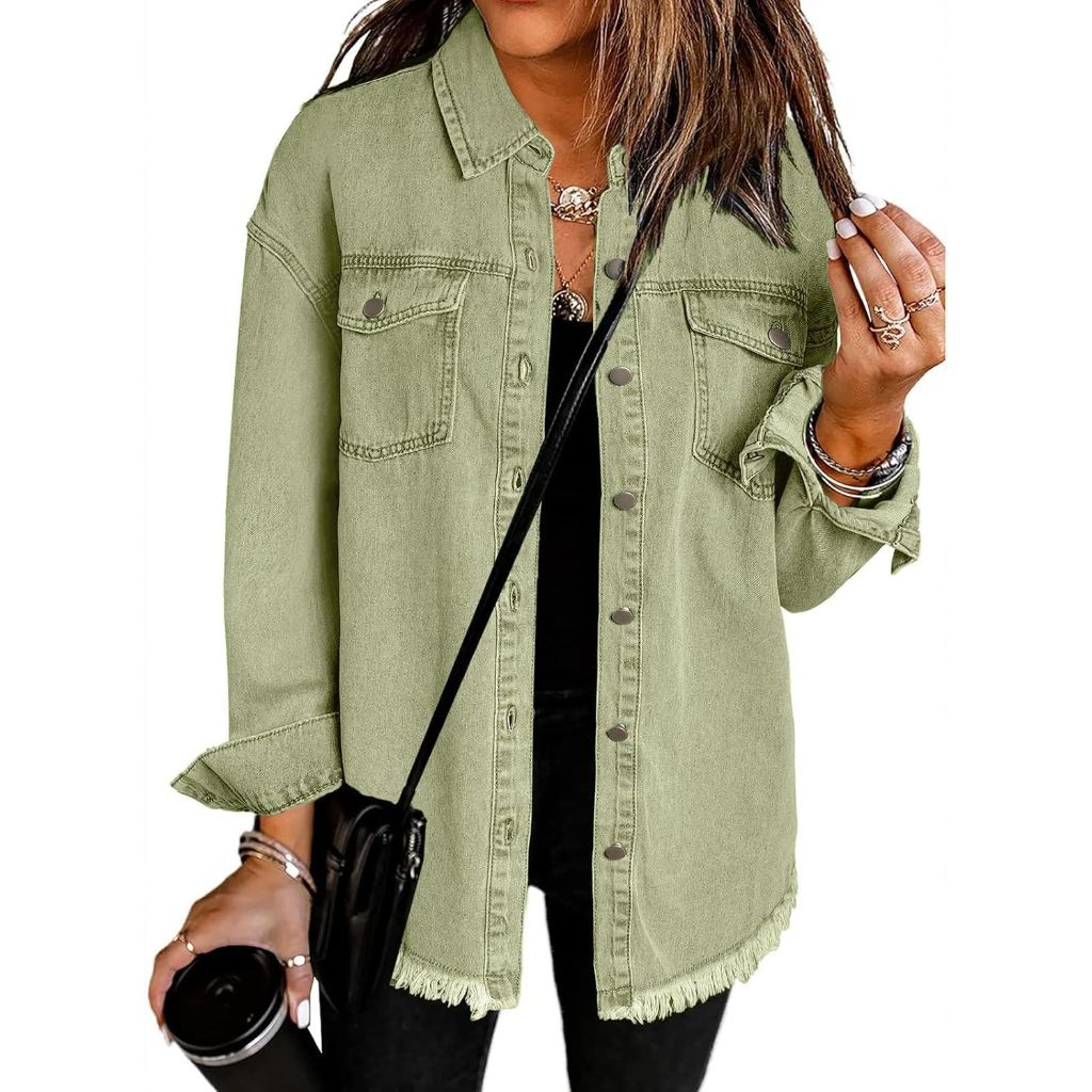 Vetinee Women’s Oversized Button Up Frayed Hem Denim Jean Jacket, XL