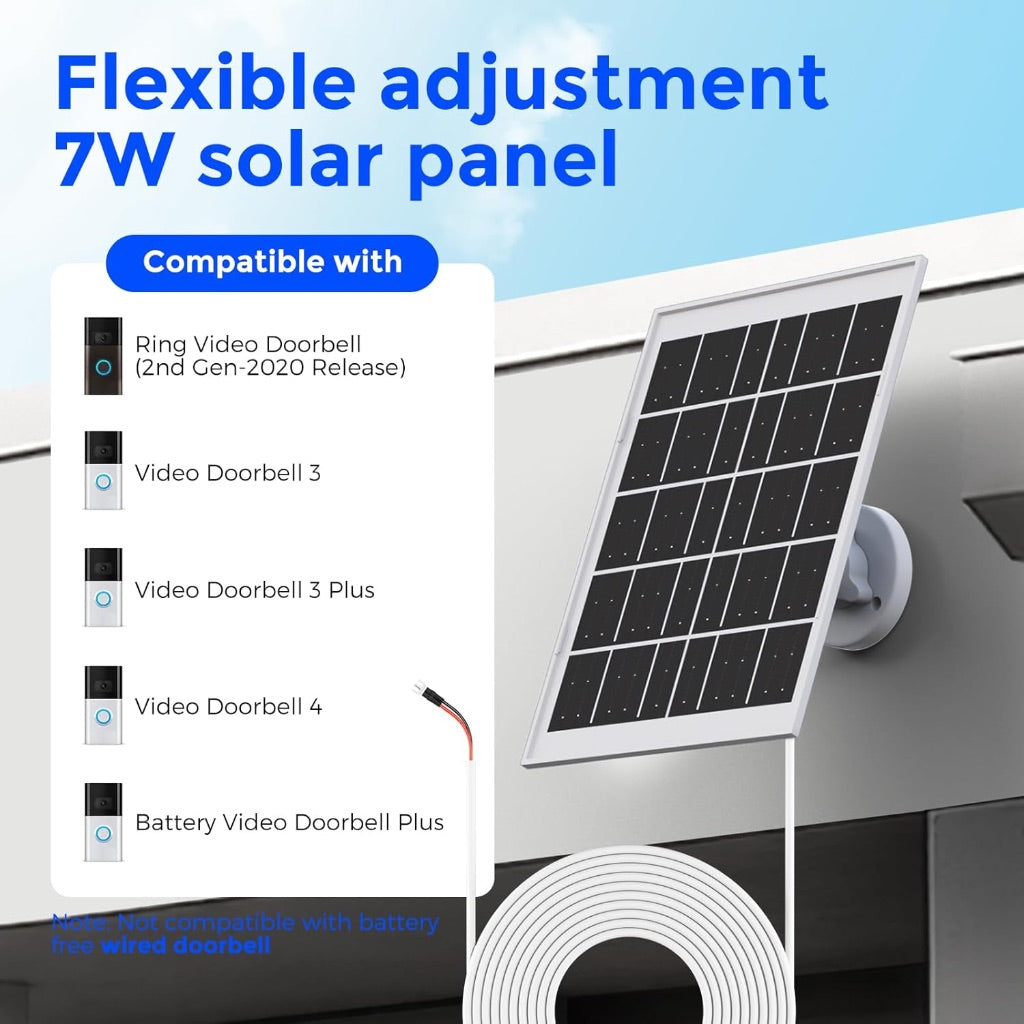 Solar Panel for Ring Doorbell – 7W Solar Panel Charger with 13ft Cable, Weatherproof 360° Adjustable Mount, For Ring Battery Doorbell 2/3/3 Plus/4/Plus