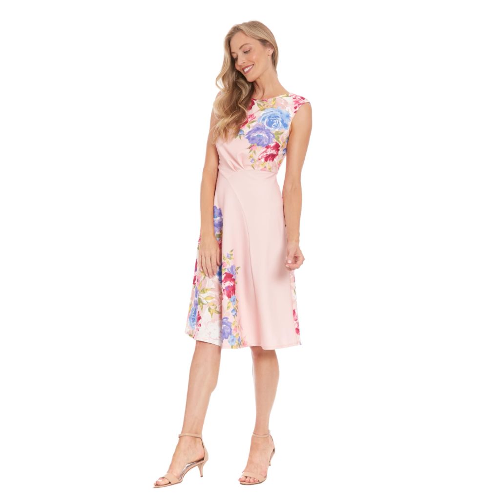 London Times Women's Dresses Women's Fit & Flare Midi Dress with Cap Sleeves - Shell Pink/Peony Pink, 10