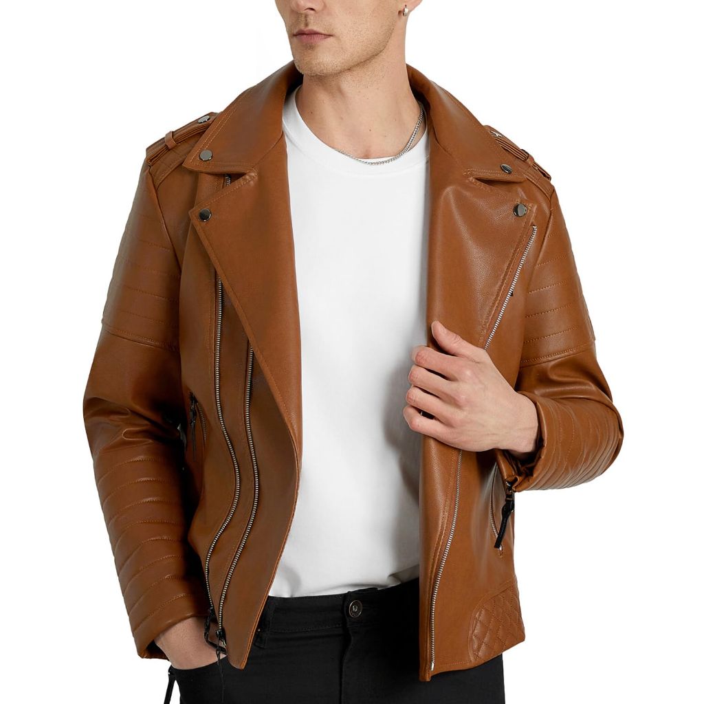 WULFUL Men's Faux Leather Bomber Jacket - Motorcycle Slim Fit Biker Coat with Asymmetric Zip and Multiple Pockets, Medium