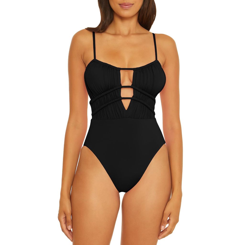 BECCA by Rebecca Virtue Color Code - Women's Shirred One Piece Swimsuit, Plunge Neck, Bathing Suits for Women, Black, Small