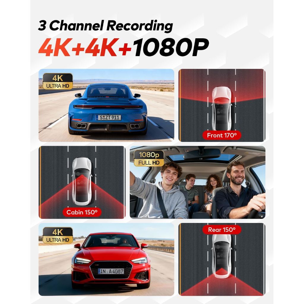 4K+4K+1080P 3 Channel Dash Cam Front and Rear with Cabin, Free 128GB Card Included, 5.8GHz WIFI6 - up to 20MB/s, IR Night Vision, Built-in GPS, G-Sensor, 24H Parking Mode, Support 512GB Max