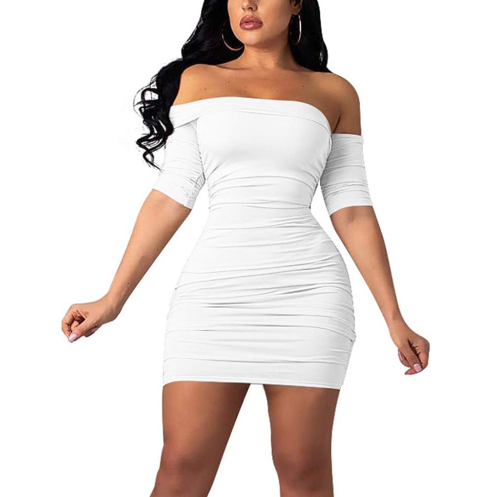 GOBLES Women's Summer Short Sleeve Sexy Bodycon Ruched Mini Dress White (L)