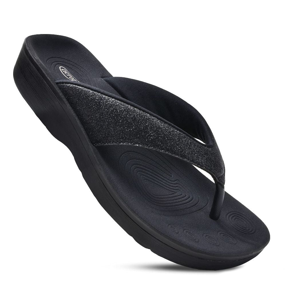 AEROTHOTIC Women's Arch Support Orthotic Flip Flops - Crystal Black Faux Leather, Size 9