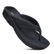 AEROTHOTIC Women's Arch Support Orthotic Flip Flops - Crystal Black Faux Leather, Size 9