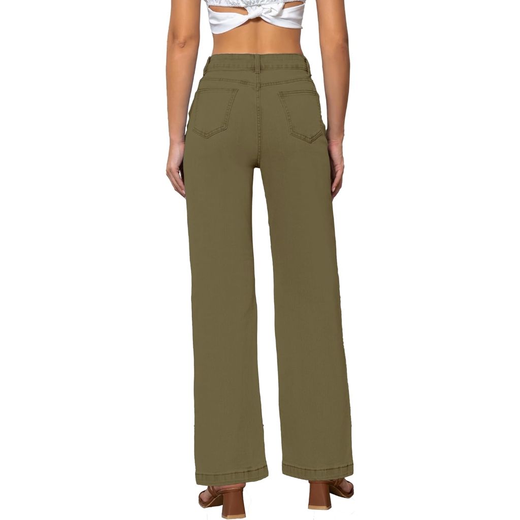 ETTELO Women's Mid Waisted Straight Leg Jeans (US, 4, Army Green)