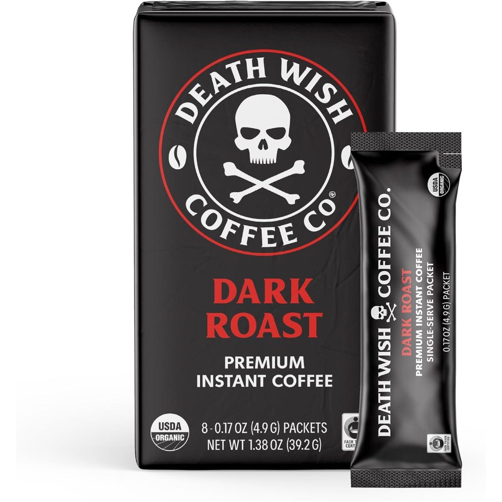 Death Wish Coffee Instant Dark Roast Coffee Packets, Bold & Intense Blend of Arabica & Robusta Beans, USDA Organic, 8 Count