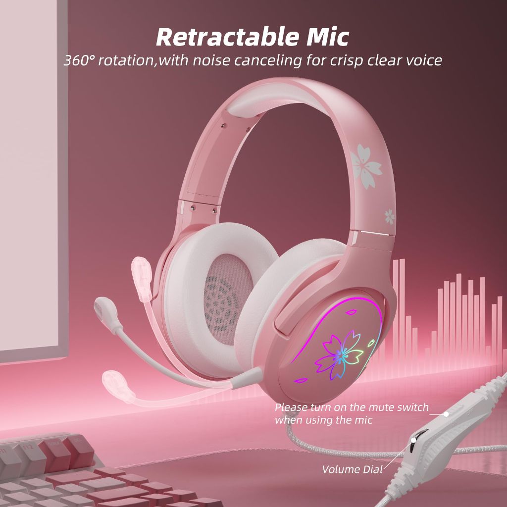 Mytrix Cherry Blossoms Wired Gaming Headset, 360° Rotation Mic, Soft Earmuff Gaming Headphones for PS4, PS5, PC & MAC, Switch, RGB Gradient Light Effect
