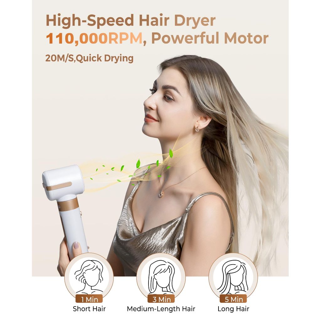 UKLISS Hair Dryer Brush 7 in 1，110000 RPM Hair Dryer with Diffuser for Curly & Twisted Hair - White Gold