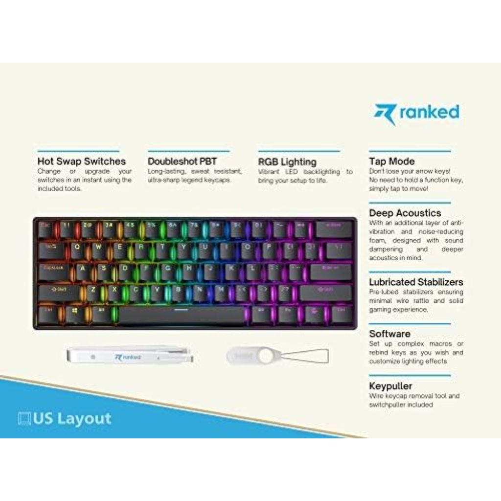 Ranked N60 Nova 60% Form Factor | Hot Swappable Mechanical Gaming Keyboard | 61 Keys Multi Color RGB LED Backlit for PC/Mac Gamer (Black, Gateron Pro