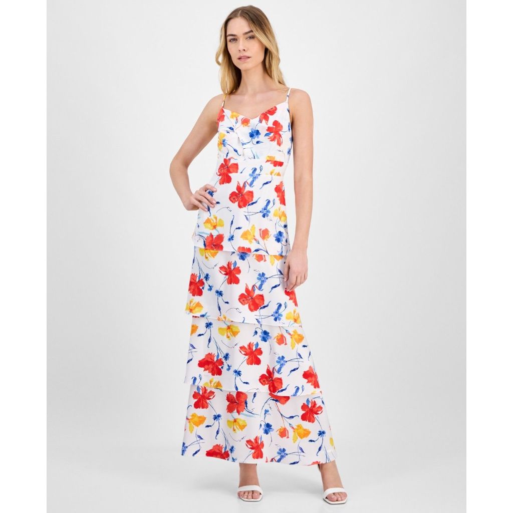 Anne Klein Women's Floral-Print Cowlneck Tiered Satin Maxi Dress - Pearl White Multi