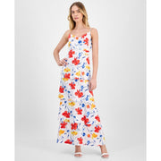 Anne Klein Women's Floral-Print Cowlneck Tiered Satin Maxi Dress - Pearl White Multi