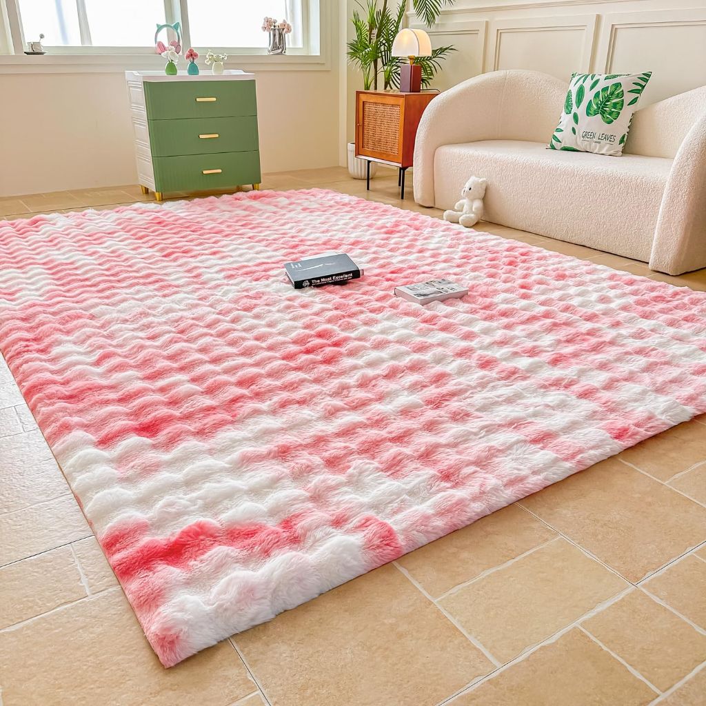 Pink White Rabbit Plush Area Rug , 8'X10'