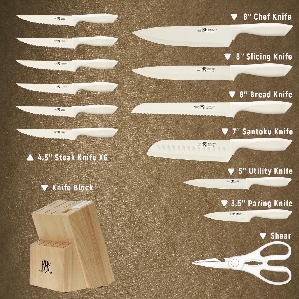 Hunter.Dual Kitchen Knife Block Set, Self-Sharpening, Dishwasher Safe - Beige, 15pcs.