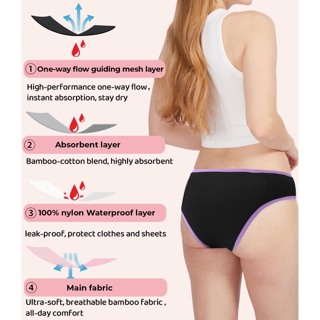 Bamboo Cool Teen Girls Period Panties - Leak-Proof, Wider Lining, Size 2XL