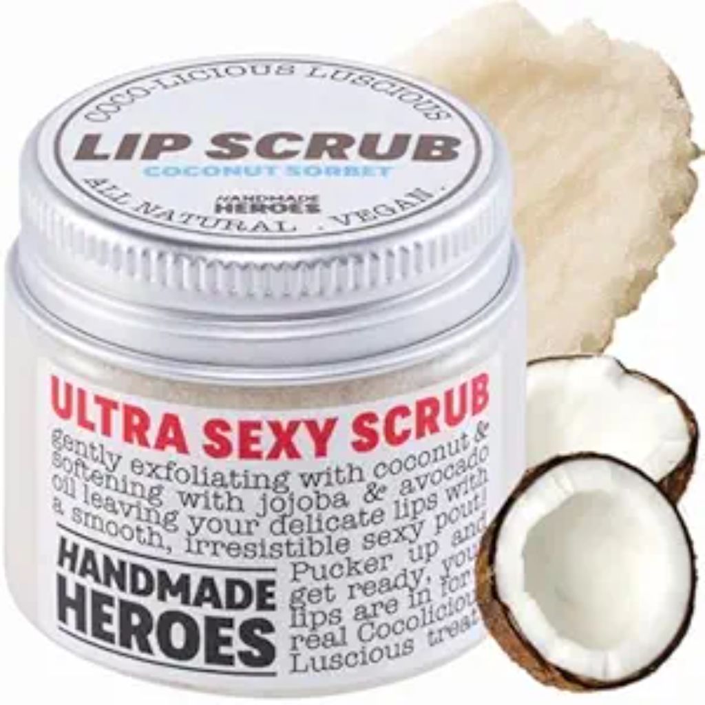 Handmade Heroes 100% Natural Lip Scrub, Vegan Conditioning Coconut Exfoliator - Gentle Exfoliant, Sugar Polish and Scrubber for Chapped Dry Lips, 1oz (Coconut Sorbet)