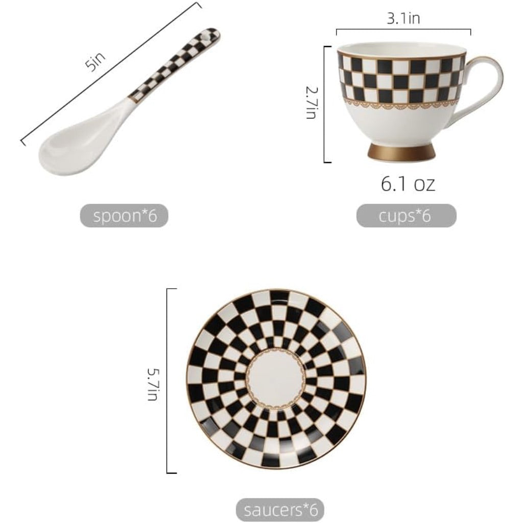 Porlien Black and White 6oz Porcelain Checker Van Gogh Cups and Saucers - Set of 6 +Coffee Spoons