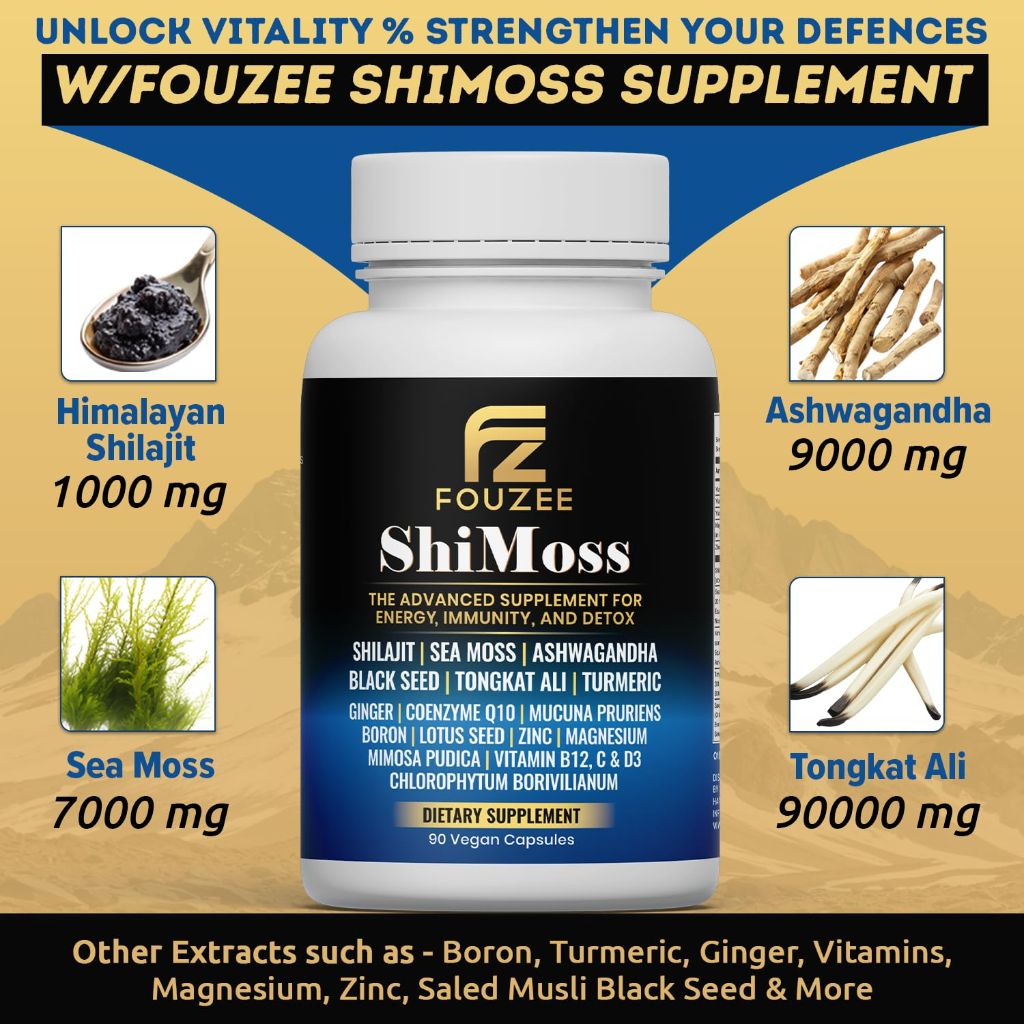 FOUZEE ShiMoss Supplement w/Shilajit 1000mg, Sea Moss 7000mg - 90 Count