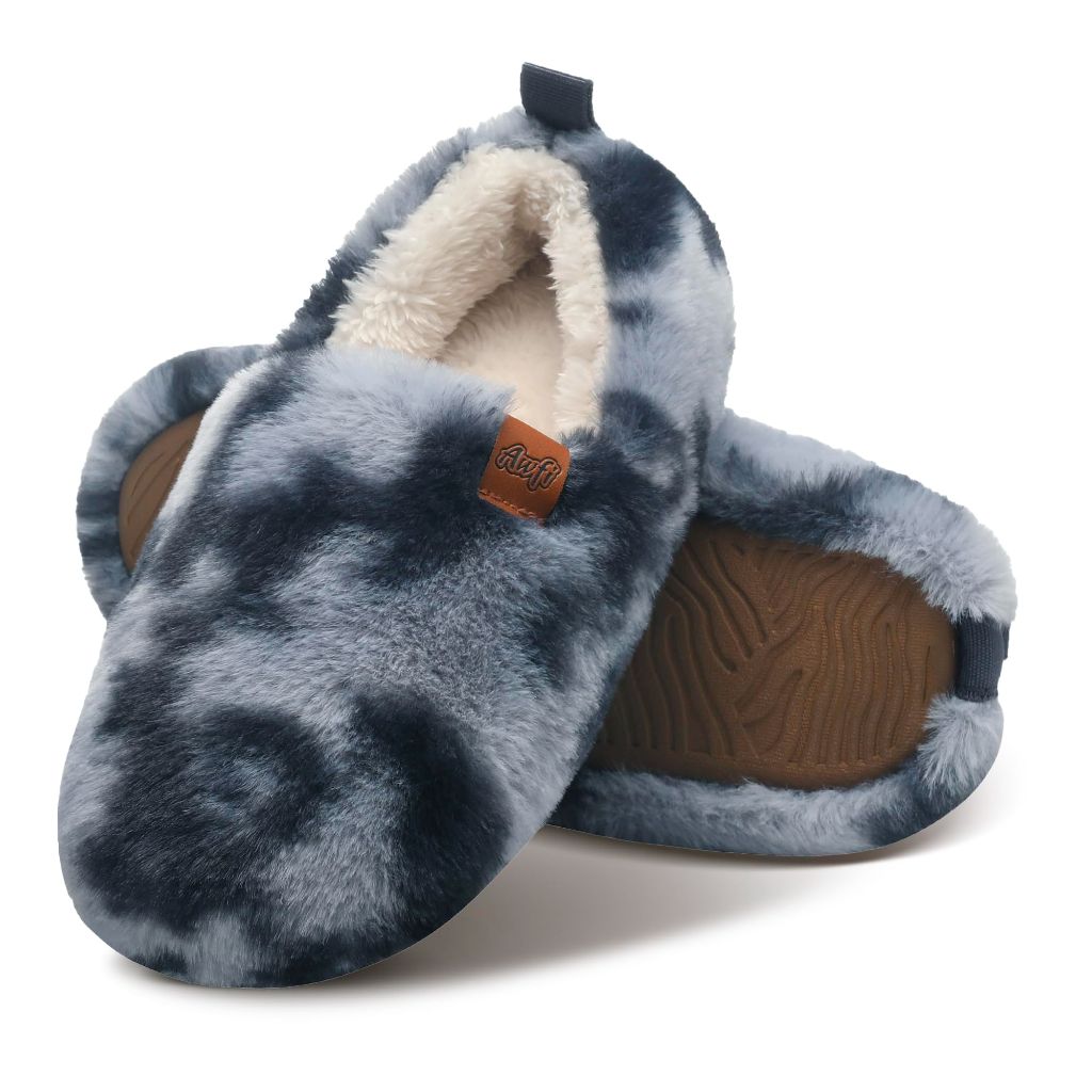 AWFI Fuzzy Home Slippers Women's, Black/Gray Tie-dyed, Size 9