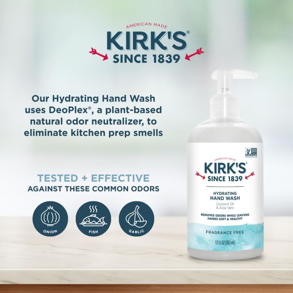 Kirk's Hydrating Hand Wash - Made with Coconut Oil and Aloe Vera, Fragrance Free, 12 Fl Oz.