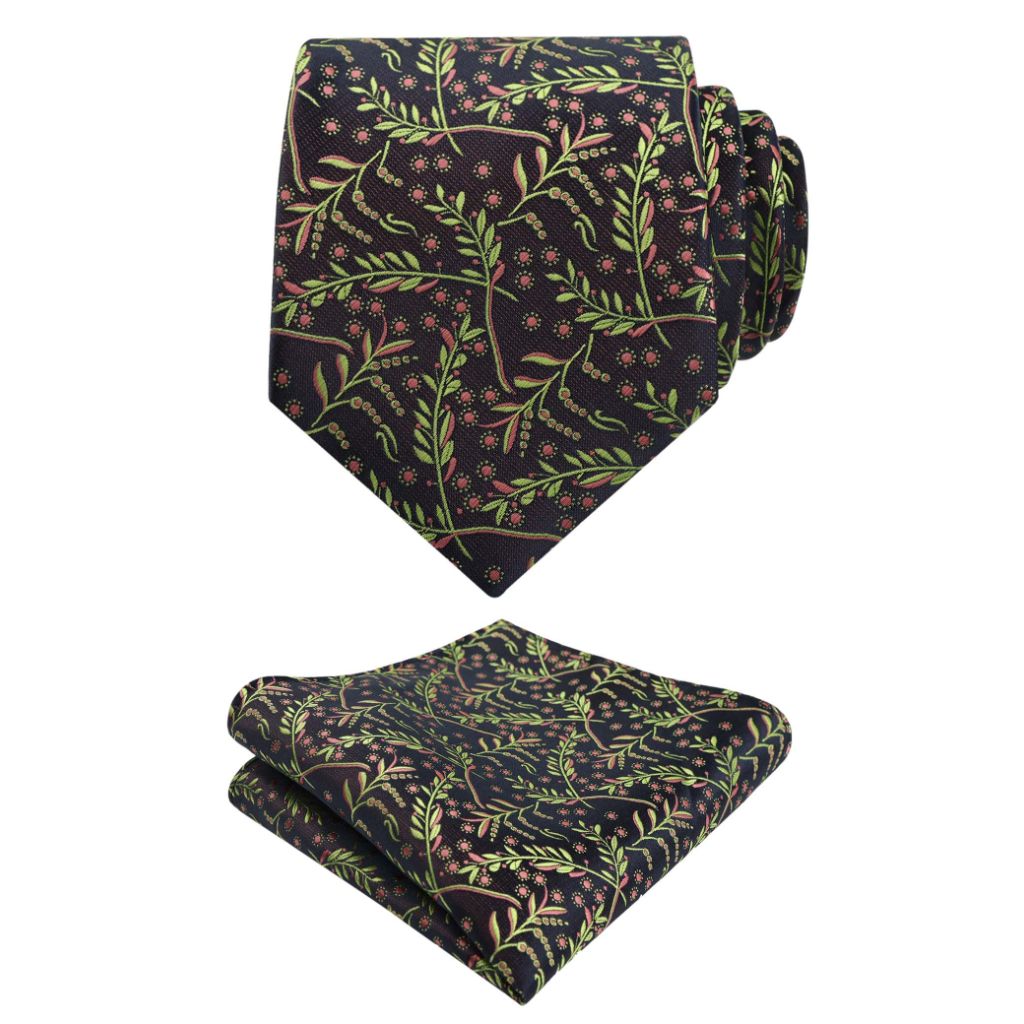 Alizeal Men's Rustic Tie with Flower Printed Handkerchief - Grass Green+Coral (3.15")