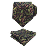 Alizeal Men's Rustic Tie with Flower Printed Handkerchief - Grass Green+Coral (3.15")