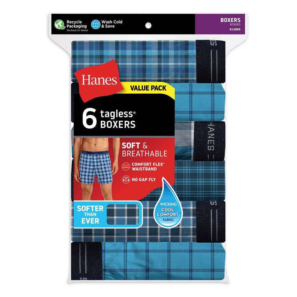 Hanes Men's Cool Comfort Tagless Boxers - Assorted Plaids, Size XL (6 Pairs)
