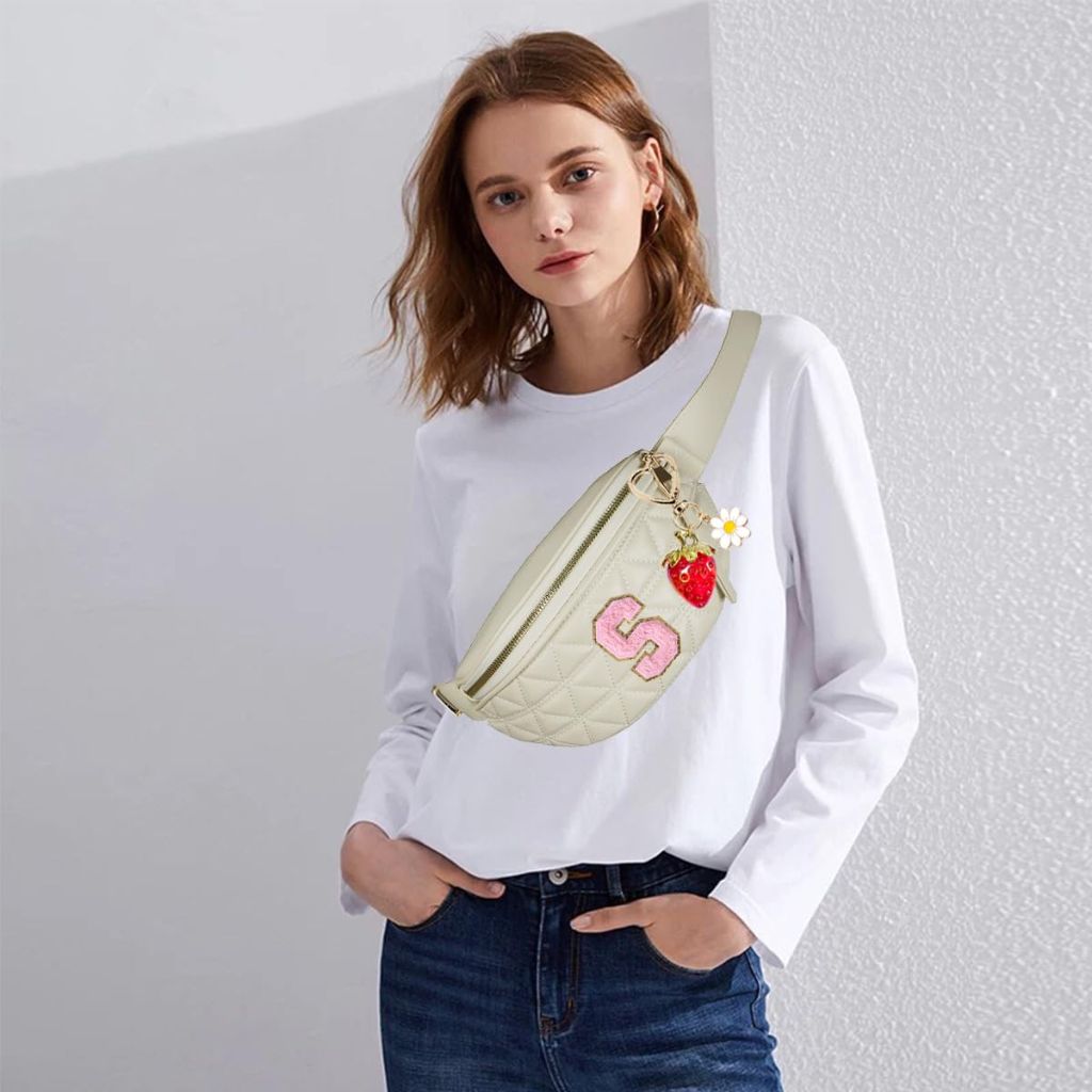Initial Fanny Pack for Women - Beige Leather Belt Bag with Strawberry Keychain Charm
