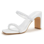 Carcuume Women's Square Toe Two Strap Open Toe Block Heels Sandals Slip On Shoes,(White Pearl Size 7.5)