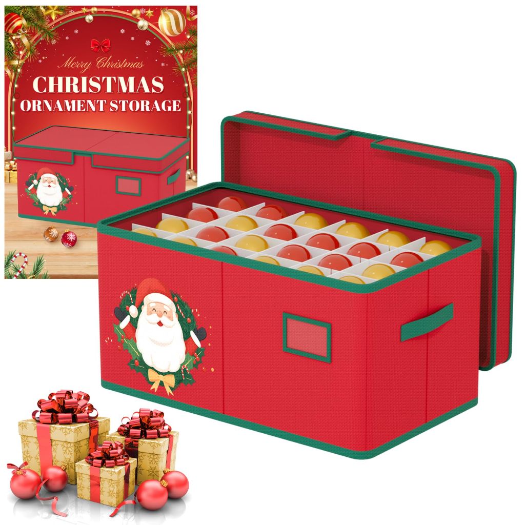 ROMANKAS Christmas Ornament Organizer Storage Box with Adjustable Divider, Fits 72 3" Ornaments