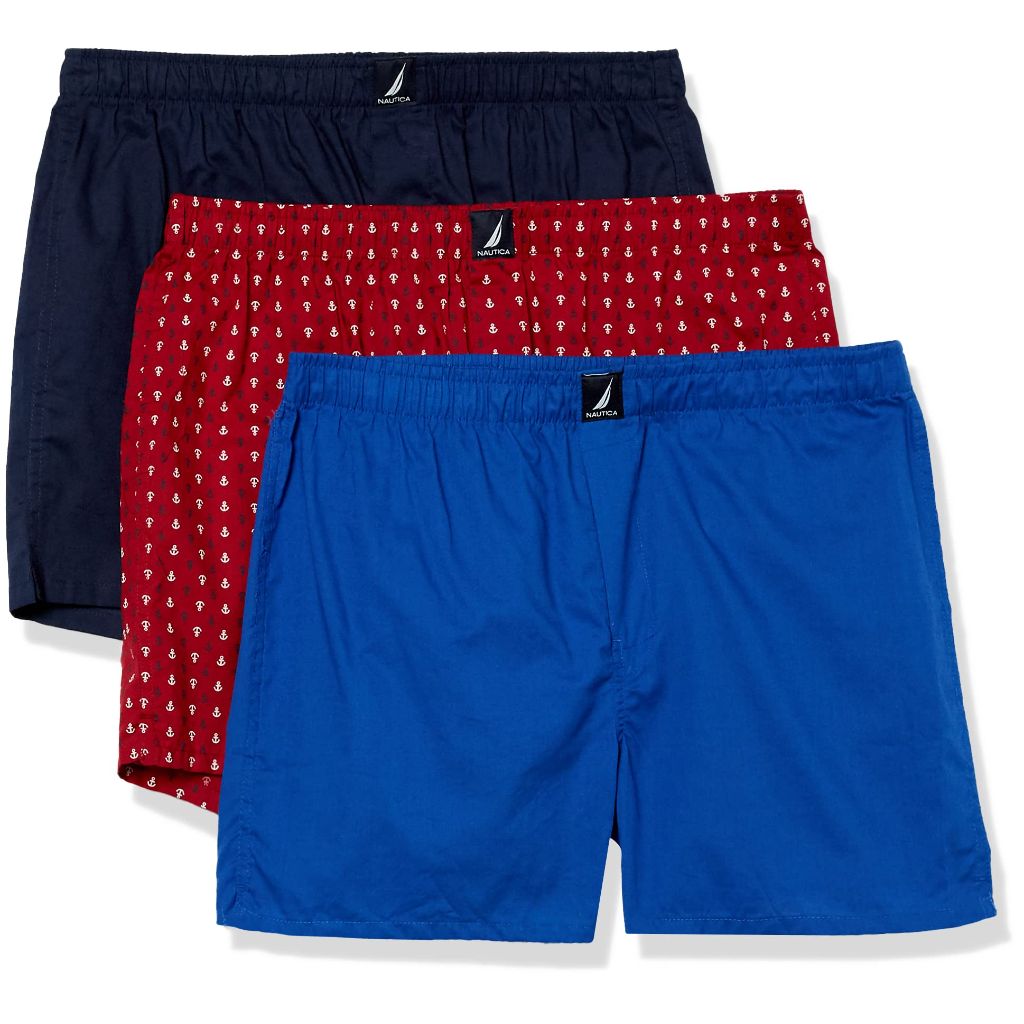 Nautica Mens Cotton Woven 3 Pack Boxer Peacoat, Bright Cobalt, Anchor Print Red, X-Large