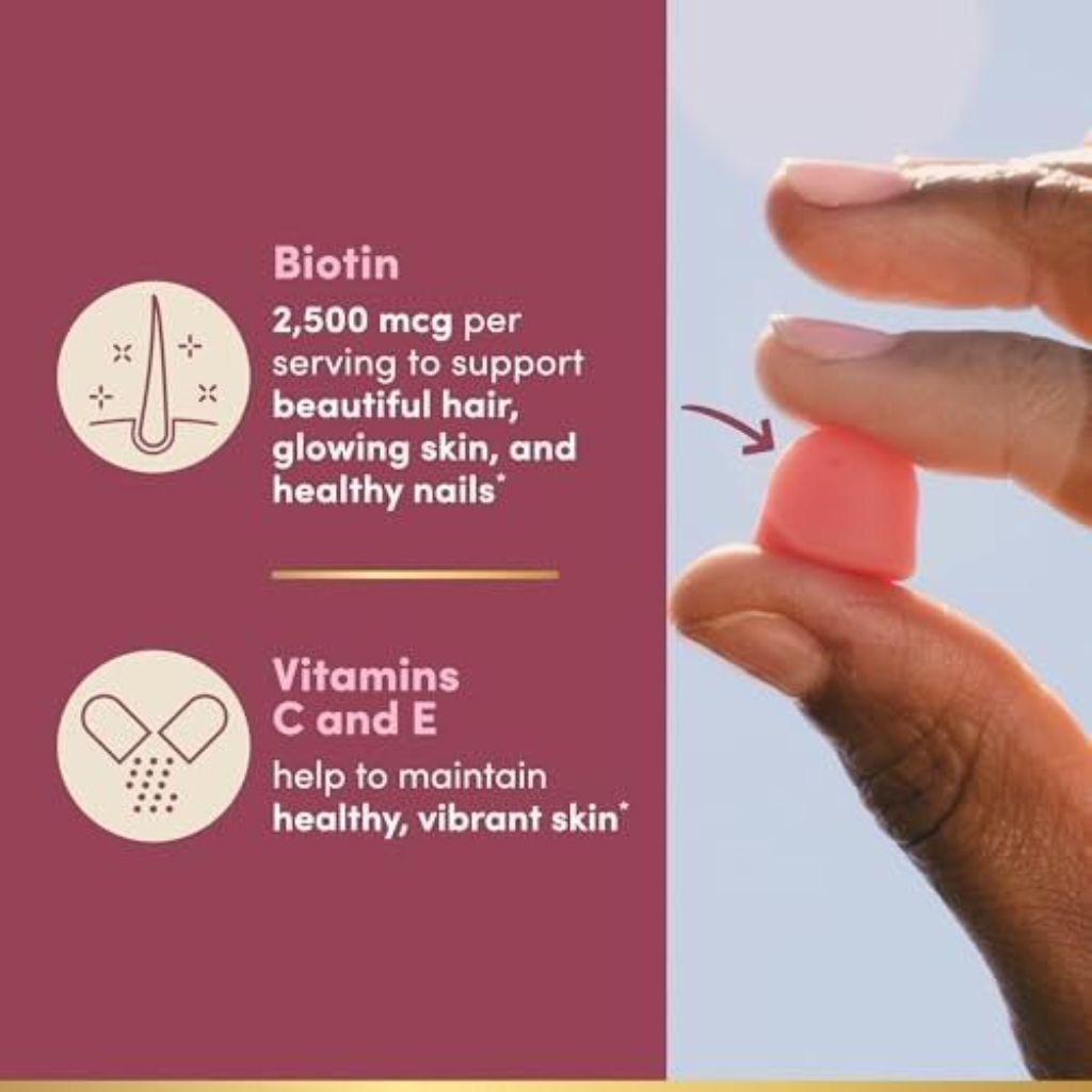 Nature's Bounty Optimal Solutions Hair, Skin and Nails Pectin Gummies, 2500 Mcg Biotin per Serving, No Stick Gummy, Vegetarian Formula, Strawberry Fla
