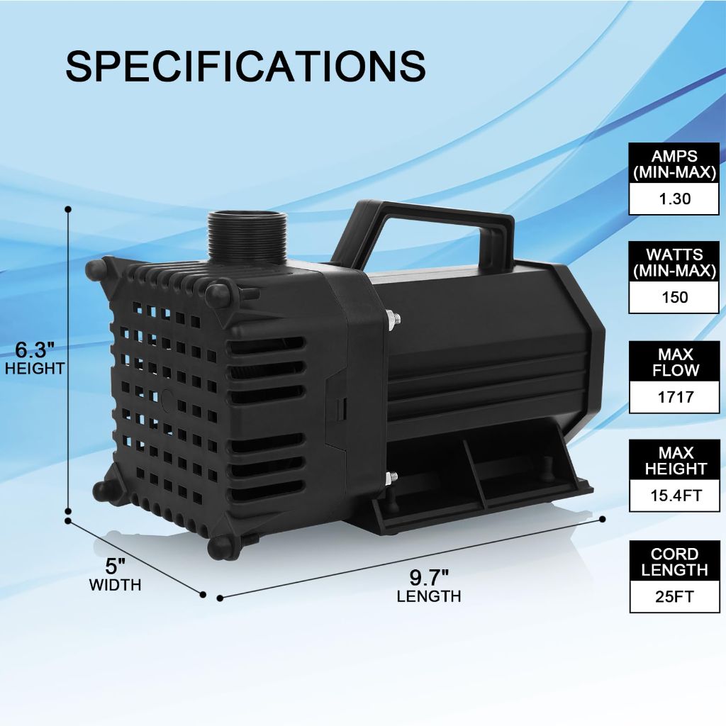 BARST 1720GPH Submersible Water Pump UL Certified Pond Pump with 25FT Cord, 150W